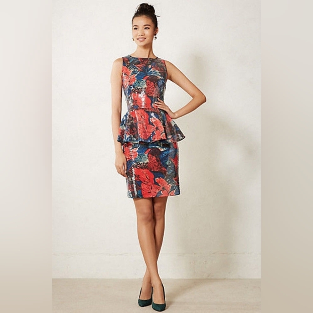 Red/Blue Floral Wolven "Sugared Fleur" Sequin Skirt Set, Small, FREE Shipping - Picture 1 of 5
